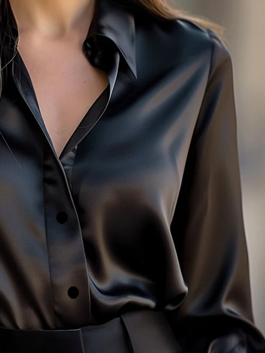 Elegant Black Satin Long Sleeve Blouse