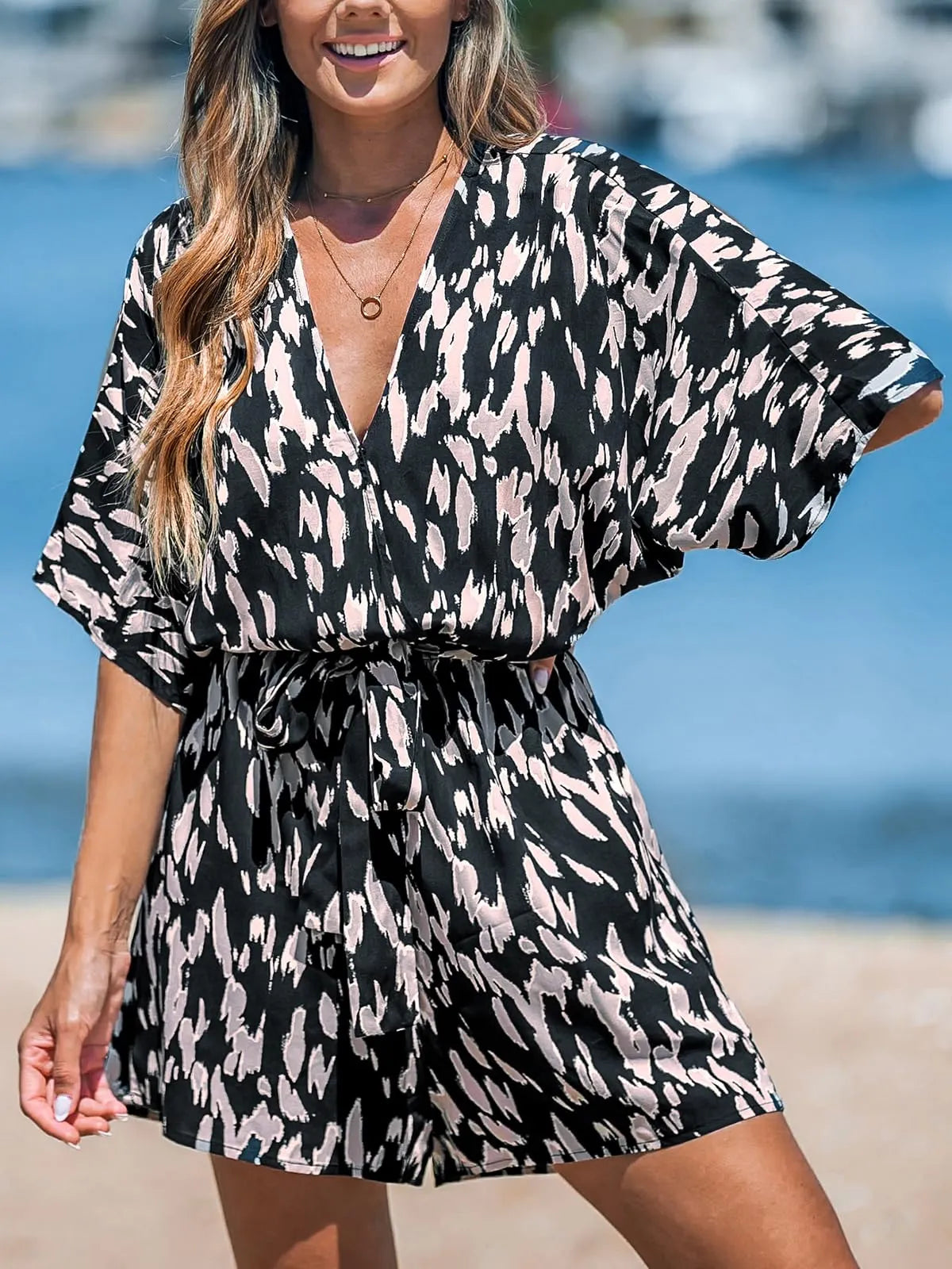 Aya™ - Lace-Up Print Romper