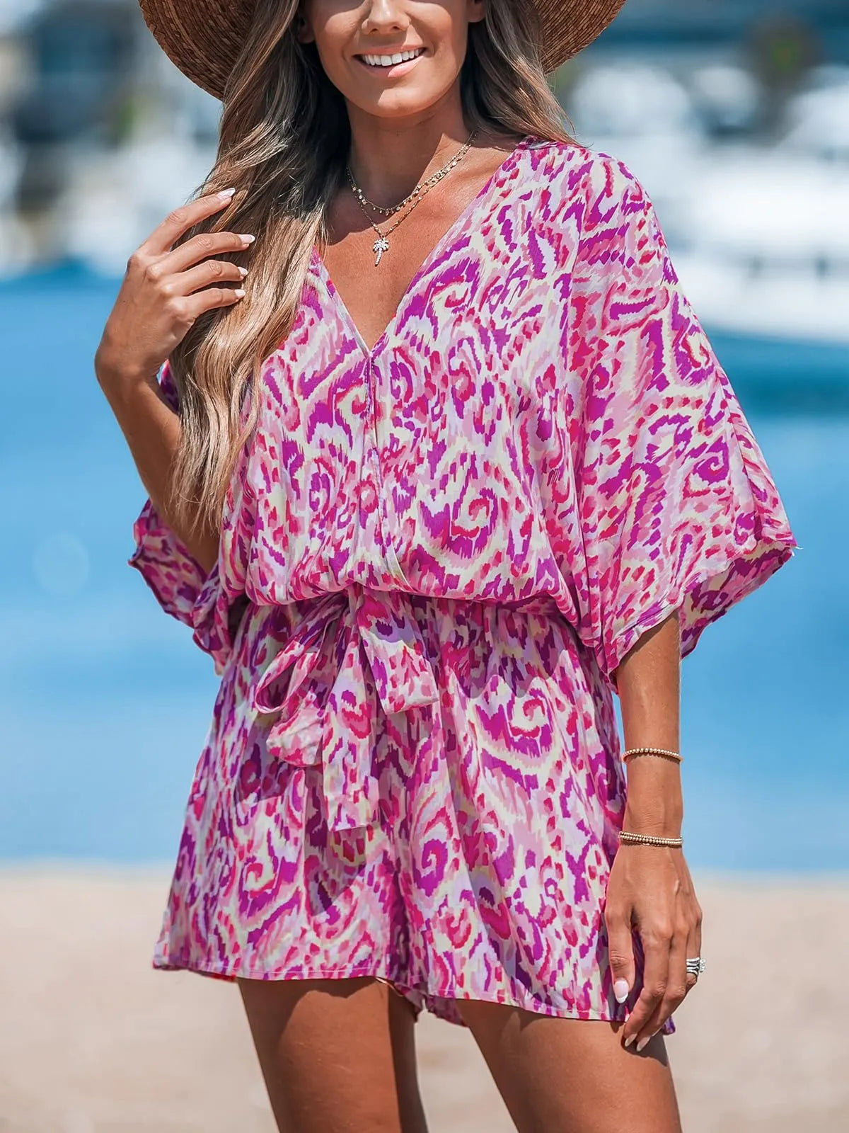Aya™ - Lace-Up Print Romper